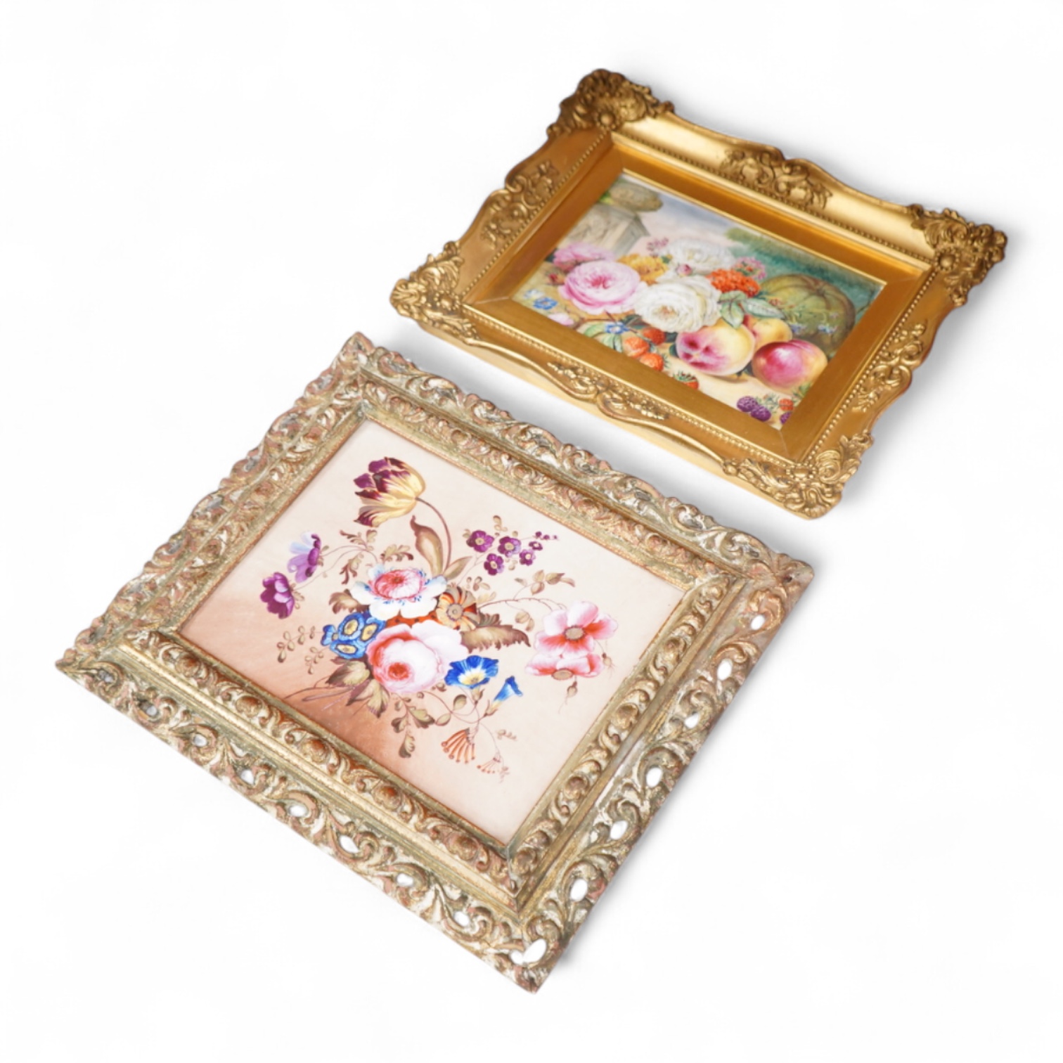 Two 19th century English porcelain flower or fruit painted plaques, each framed, largest overall 25 x 30cm